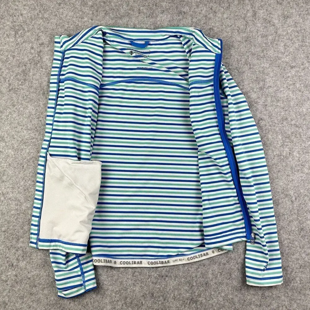Coolibar Turtle Bay Swim Jacket Youth L Blue Green Striped Full Zip UPF 50+